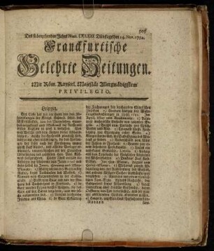 Num. LXXXXI. Dienstags den 14. Nov. 1752 - Num. C. Freytags den 15. Dec. 1752