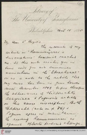 Briefe von Morris Jastrow an Carl Bezold: Brief von Morris Jastrow an Carl Bezold