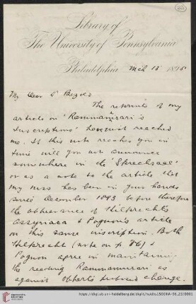 Briefe von Morris Jastrow an Carl Bezold: Brief von Morris Jastrow an Carl Bezold