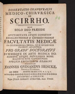 Dissertatio Inavgvralis Medico-Chirvrgica De Scirrho