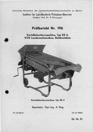 Kartoffelsortiermaschine, Typ KS 4