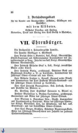 Ehrenbürger, Alphabetisches Verzeichniß der Künstler, Handels- und Gewerbsleute, Verzeichniß sämmtlicher Hauseigenthümer in Freiburg, Herdern und Wiehre.