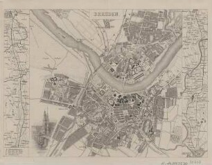 Stadtplan von Dresden, 1:20 000, Lithographie, um 1855 : Dresden. - 1:20 000. - [S.l.] , [um 1855]. - 1 Kt. : einfarb. Lithogr. ; 18 x 17 cm Mit Linienführung der Leipzig-Dresdner Eisenbahn