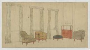 Entwurf einer Sitzecke : Vier verschiedene Sitzmöbel, Schrank, Fenstergestaltung, Maßangaben und Kommentar
