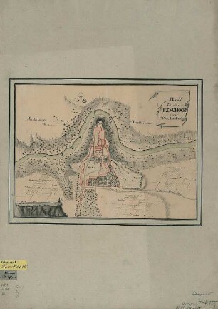 Plan des Schlosses Czocha in der polnischen Oberlausitz, 1:25 000, Handzeichnung, um 1750? : Plan des Schlosses Tzschocha in der Ober-Lausnitz. - [Ca. 1:25 000]. - [S.l.] , [um 1750?]. - 1 Kt. : kolor. Handzeichnung ; 32 x 24 cm