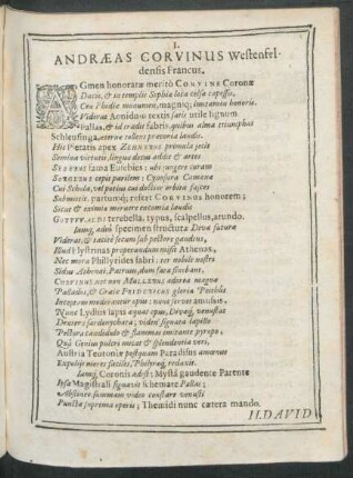 I. Andreas Corvinus Westenfeldensis Francus.