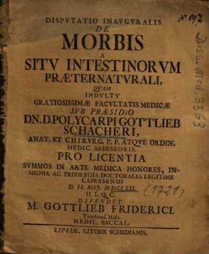 Dispvtatio Inavgvralis De Morbis A Sitv Intestinorvm Praeternatvrali