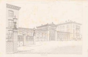 Städtisches Allgemeines Krankenhaus, Berlin-Friedrichshain: Perspektivische Ansicht (aus: Atlas zur Zeitschrift für Bauwesen, hrsg. v. G. Erbkam, Jg. 25, 1875)