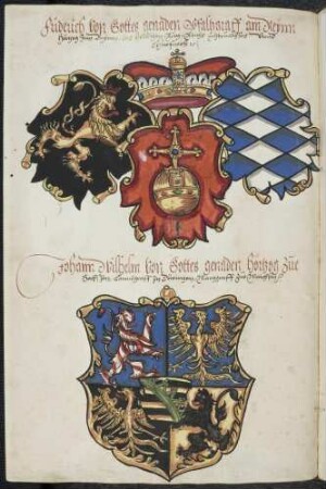 Wappen der Teilnehmer: Kurfürst und Pfalzgraf Friedrichs IV.; Herzog Johann Wilhelm von Sachsen