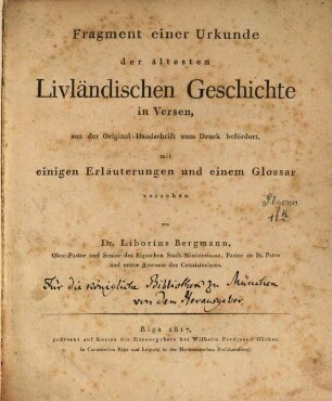 Fragment einer Urkunde der ältesten Livländischen Geschichte in Versen