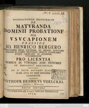 Dissertationem Inavgvralem De Matvranda Dominii Probatione Per Vsvcapionem
