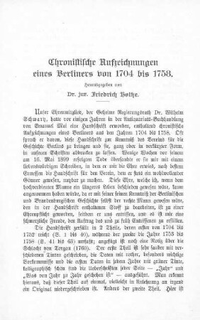 Chronistische Aufzeichnungen eines Berliners von 1704 bis 1758