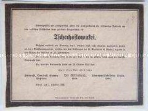 Handzettel im Layout einer Traueranzeige zur Besetzung des Sudetenlandes und dem Ende der Tschechoslowakei