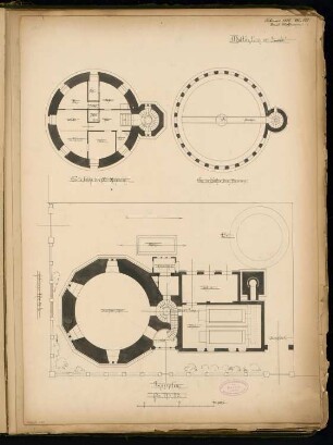 Wasserhebewerk auf dem Kreuzberg, Berlin Monatskonkurrenz Februar 1886: Lageplan, Grundriss Erdgeschoss, Obergeschoss, Turmgeschoss; Maßstabsleiste