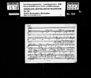 Nicolo Jommelli: [Überschrift:] di Jommelli. / [Arie für Tenor, 2 Violinen, Viola, Bass] (Del destin non vi lagnate) [aus: Olimpiade]; Ms.ca. 1790; Erstaufführung der Oper Stuttgart 1761.