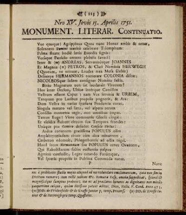Nro XV. Jovis 15. Aprilis 1751.