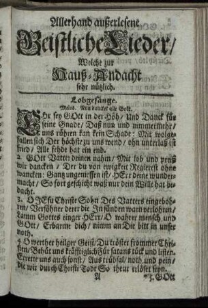 Allerhand außerlesene Geistliche Lieder : Welche zur Hauß-Andacht sehr nützlich.