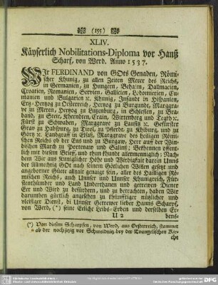 XLIV. (XLVI.) Käyserlich Nobilitations-Diploma vor Hanß Scharf, von Werd. Anno 1537