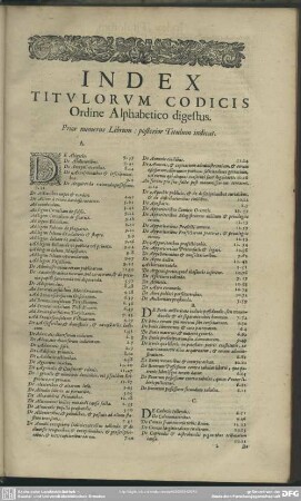 Index Titulorum Codicis Ordine Alphabetico digestus