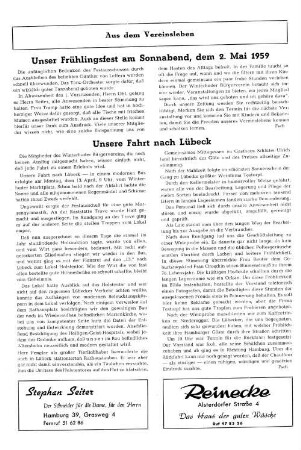 Unser Frühlingsfest am Sonnabend, dem 2. Mai 1959