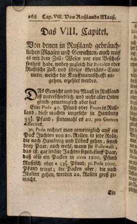 268-279, Das VIII. Capitel. Von Rußlands Maaß, Gewicht und Zoll-Wesen.