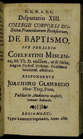 Disputatio XIII. De Baptismo.