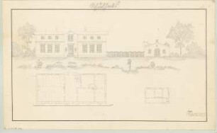 Schulhaus Monatskonkurrenz August 1843: Grundriss Erdgeschoss, Aufriss Vorderansicht; Maßstabsleiste