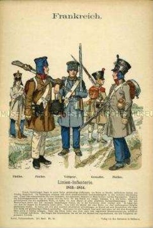 Uniformdarstellung, Füsiliere, Voltigeur und Grenadier der linien-Infanterie, Kaiserreich Frankreich, 1813/1814.