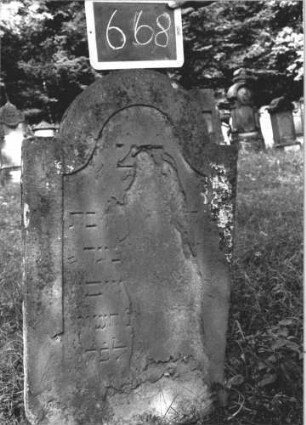 Grabstein 668 (Index: 99895211) Material: Sandstein Zustand: größtenteils abgeblättert Maße HxBxT: 104x58x9 cm Beschreibung: Stele mit eingezogenem Rundbogenabschluss: Grabstein 668