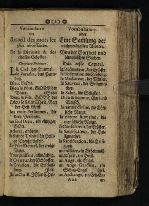 Vocabulaire ou Recueil des mots les plus ne'cessaires: Vocabularium oder Eine Sammlung der nothwendigsten Woerter [Das I. - 62. Capitel]