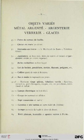 Objets variés – Métal argenté – Argenterie – Verrerie – Glaces (Nr. 49-97)