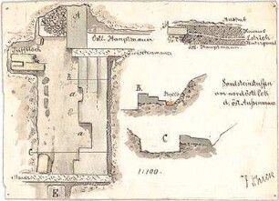 Thiersch, August ; Kempten / Allgäu (Bayern); Forum Cambodunum, Bauaufnahmen - Hauptmauer Ost (Schnitt), Estrich (Detail), Sandsteinstufen am nordöstlichen Eck der Außenmauer Ost (Details)