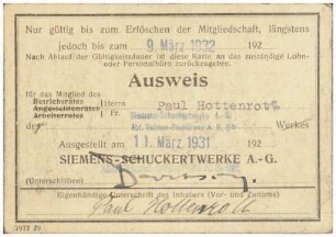 Ausweis für das Mitglied des Betriebsrates Paul Hottenrott Siemens-Schuckertwerke 11.3.1931 (Ausweis)