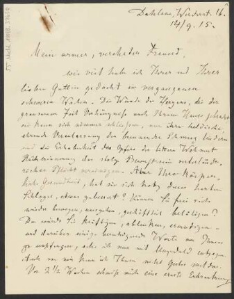 Brief an B. Schott's Söhne : 14.09.1915