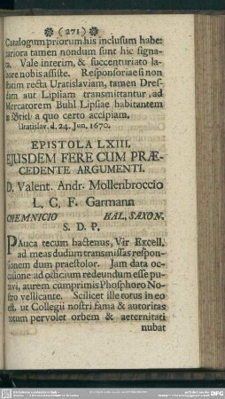Epistola LXIII. Eiusdem Fere Cum Praecedente Argumenti. D. Valent. Andr. Mollenbroccio L. C. F. Garmann Chemnicio Hal. Saxon