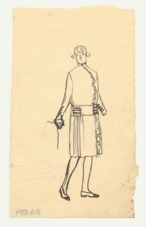 Figurine mit Kleid : Weibliche Figurine mit durchgängig geschlossenem Kleid mit Volant am Verschluss, seitlichen Falten, Hüftpasse, langen Ärmeln