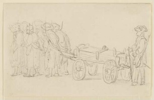 Eine Gruppe von sechs Personen ist vor einen vierrädrigen Wagen gespannt, hinter dem Wagen ein Soldat