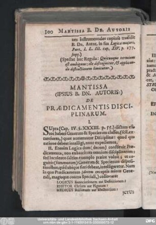 Mantissa (Ipsius B. DN. Autris:) De Praedicamentis Disciplinarum.