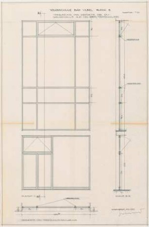 Grund, Peter; Bad Vilbel; Ernst Reuter Schule - Verglasung Westseite Eingangshalle und westliches Treppenhaus (Grundriss; Ansicht; Schnitt)