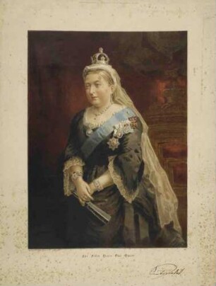 Königin Victoria von England mit Krone, Schmuck und Orden, stehend in Halbprofil, faksimilierte Unterschrift