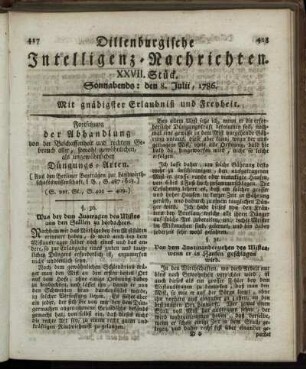 XXVII. Stück. Sonnabends: den 8. Julii, 1786.