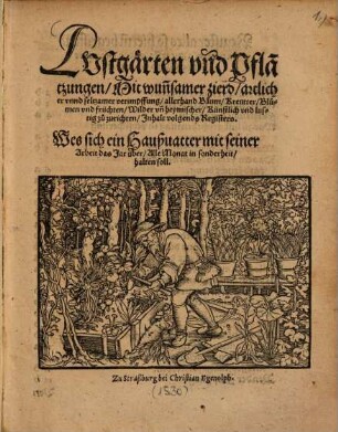 Lustgärten und Pfla[n]tzungen : Mit wunsamer zierd, artlicher unnd seltzamer verimpffung, allerhand Baum, Kreutter, Blumen & früchten, Wilder & heymischer, Künstlich und lustig zu zurichten ; Inhalt volgends Registers ; Was sich ein Haußvatter mit seiner Arbeit das Jar über, Alle Monat in sonderheit, halten soll