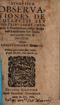 Synopticae observationes de collectis seu contributione imperii et provinciarum