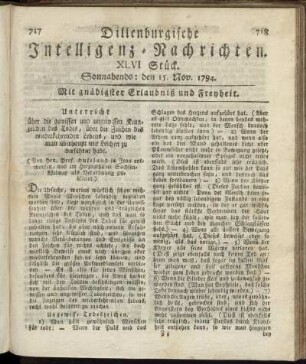 XLVI. Stück. Sonnabends: den 15. Nov. 1794.