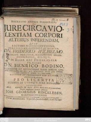 Dissertatio Juridica Inauguralis, De Jure Circa Violentiam Corpori Alterius Inferendam