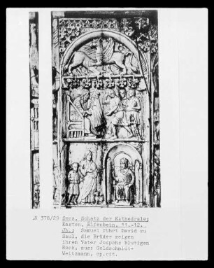 Byzantinischer Elfenbeinkasten: Samuel führt David zu Saul; Die Bürder zeigen Jakob den blutigen Mantel