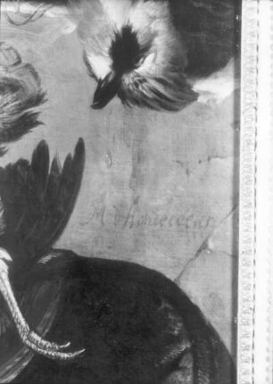 Ausschnitt: Signatur des Künstlers auf dem Gemälde "Jagdstilleben mit erlegten Vögeln"
