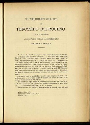 Sul Comportamento Fisiologico Del Perossido D' Idrogeno E Sua Applicazione Allo Studio Dello Assorbimento