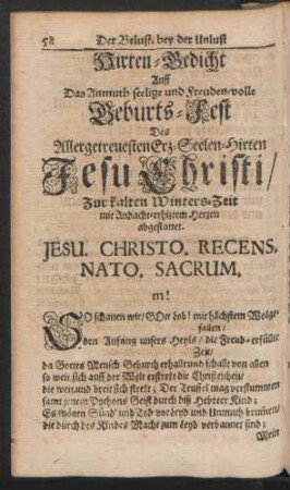 Hirten-Gedicht Auff Das ... Geburts-Fest Des Allergetreuesten Erz-Seelen-Hirten Jesu Christi ...