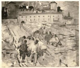 Arbeiter vor einer russischen Stadt